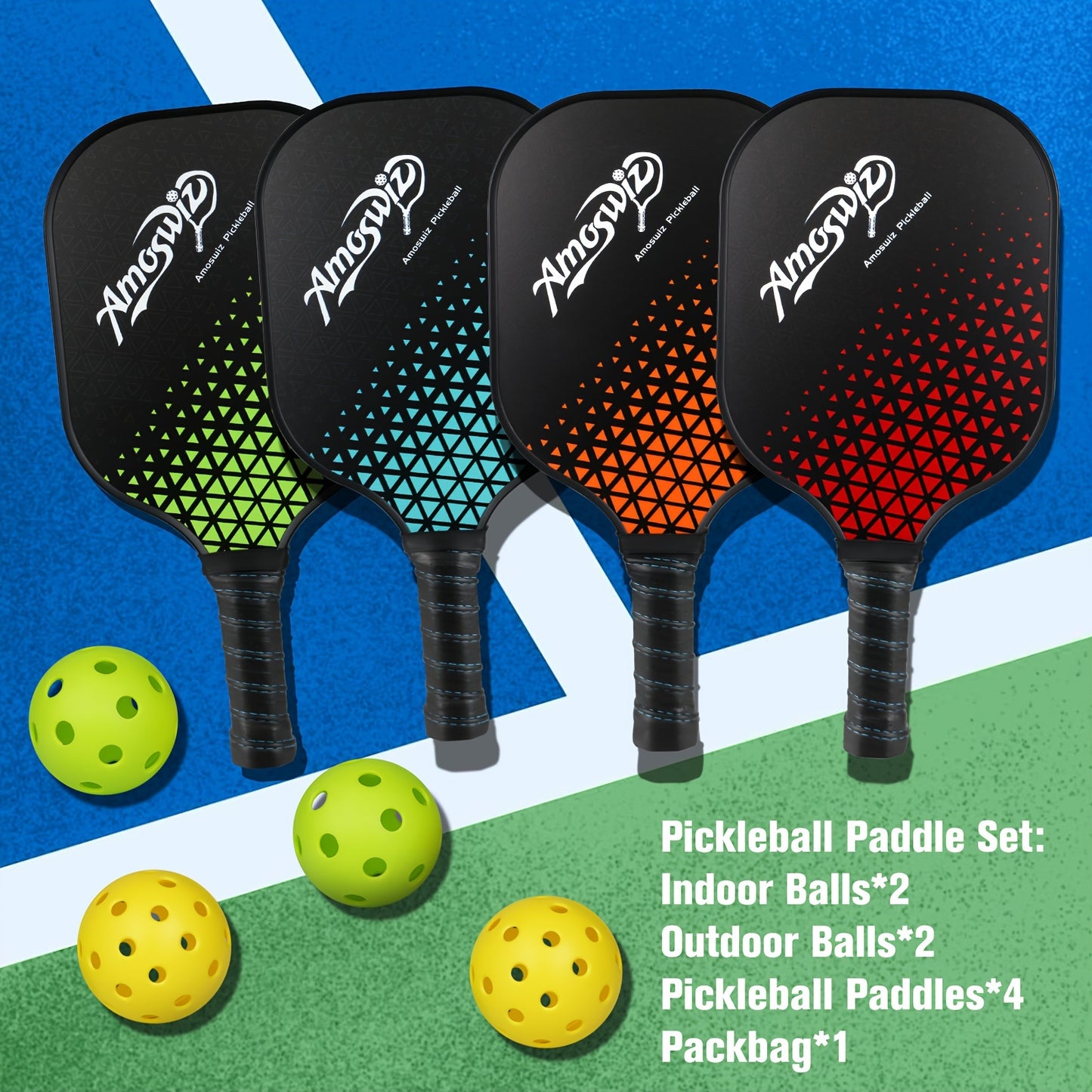 AMOSWIZ Fiberglass Pickleball Paddles Set Four With Balls For Beginners