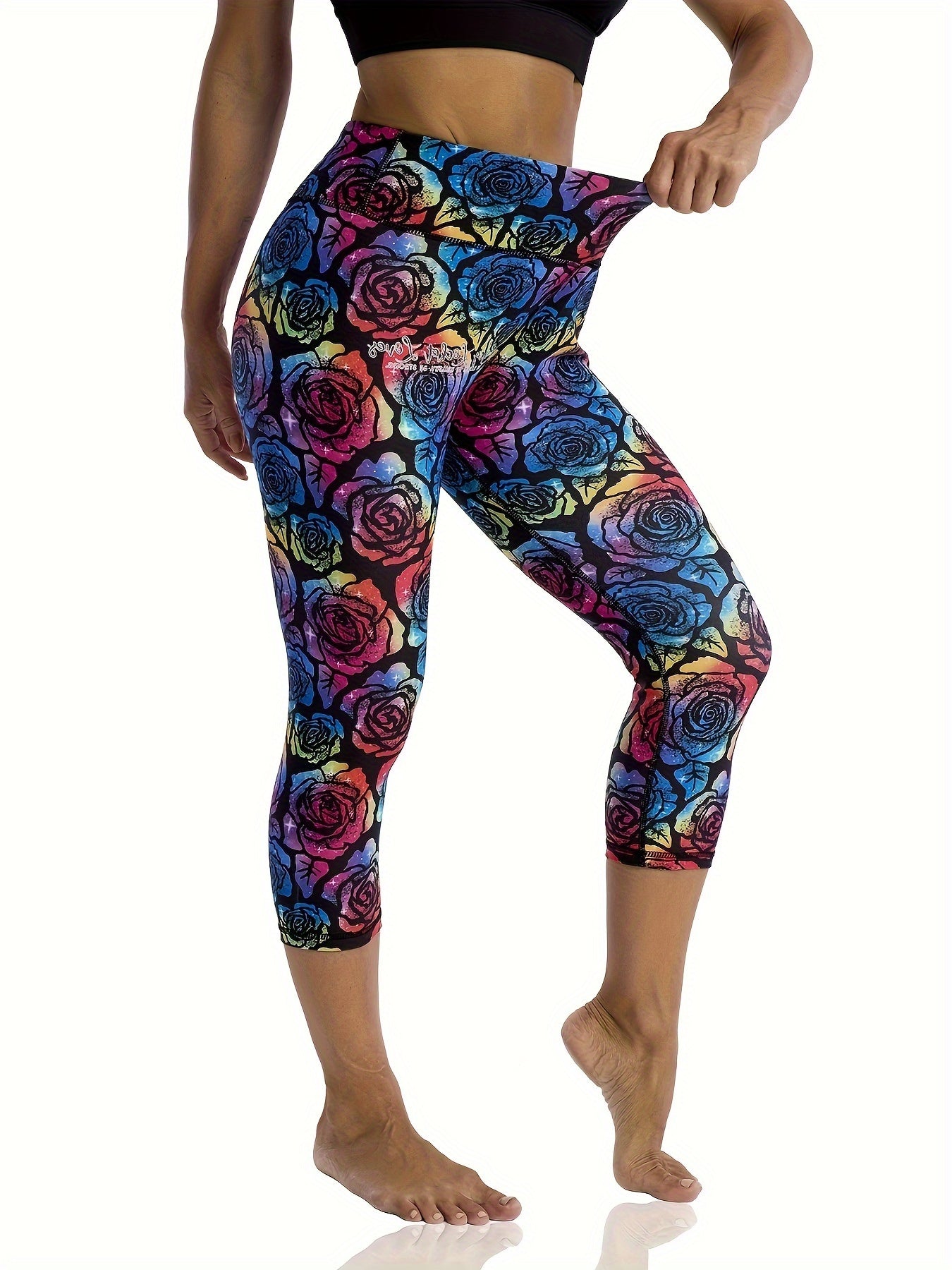 Floral Print Plus Size Capri Yoga Pants With Tummy Control - Revitalize Mind Body