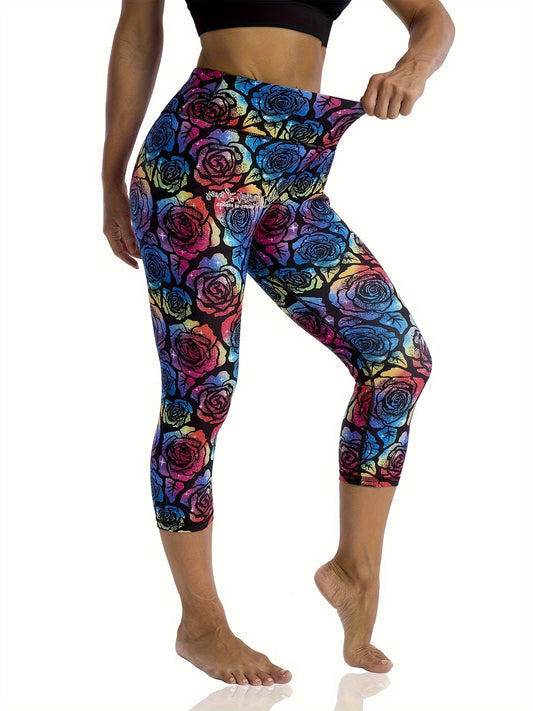 Floral Print Plus Size Capri Yoga Pants With Tummy Control - Revitalize Mind Body