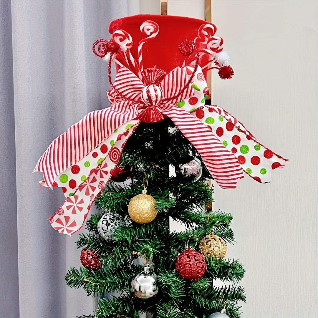 Polyester Christmas Tree Top Hat Decoration With Candy Stick Ribbon