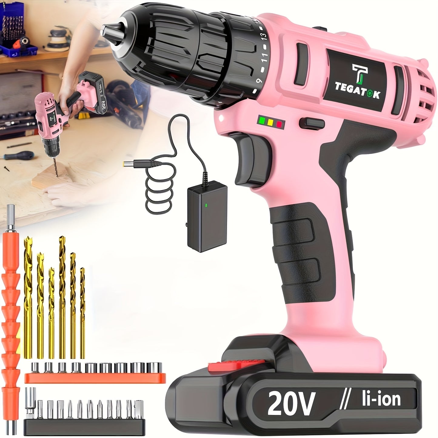 TEGATOK 20V Cordless Drill Tool Set With Battery And Case