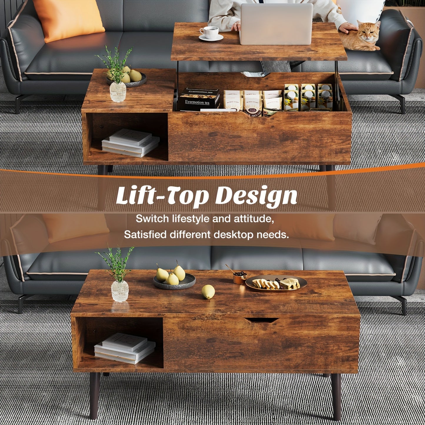 OLIXIS Lift Top Coffee Table Vintage Wood With Hidden Storage