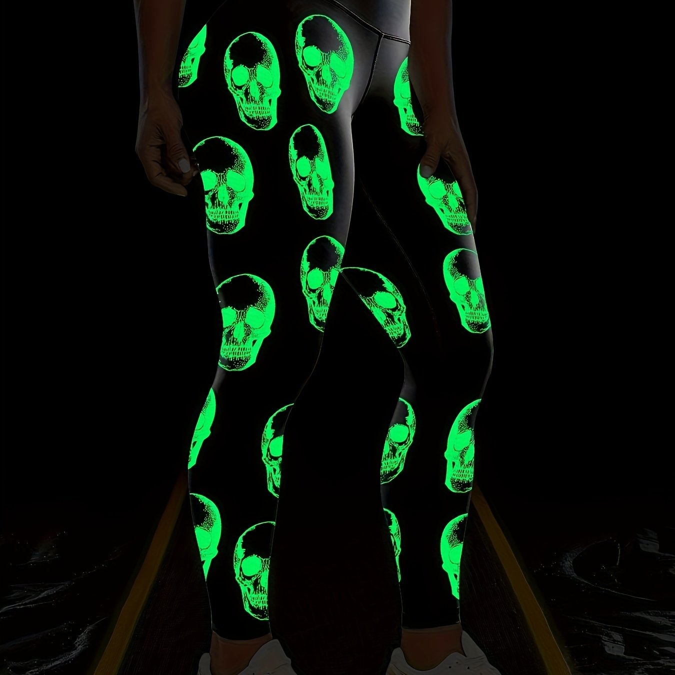High Waist Glow In The Dark Skull Print Leggings Athletic