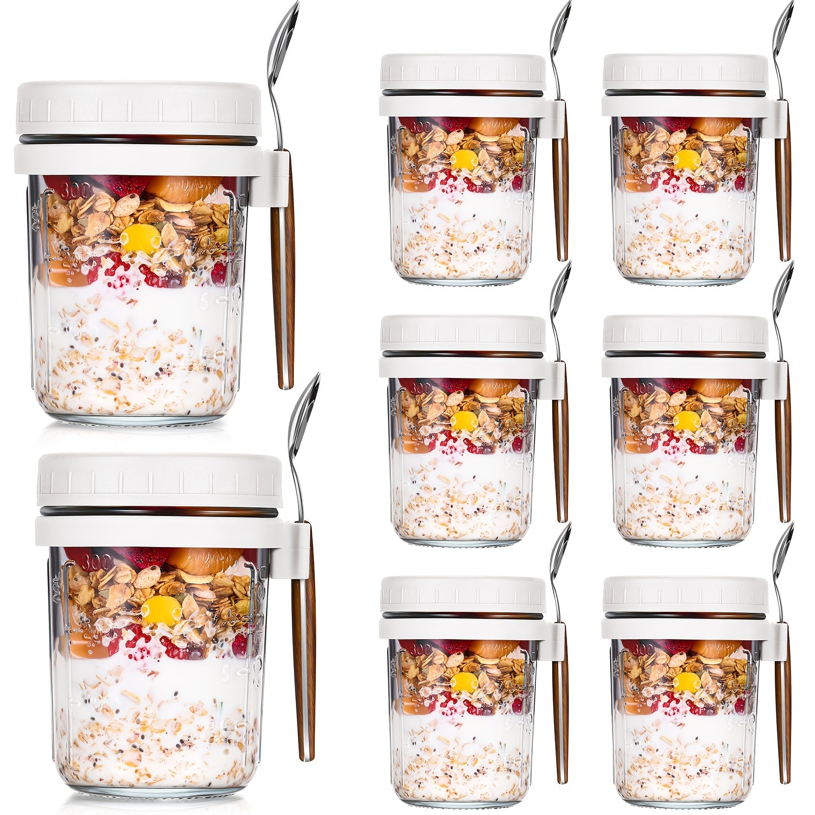 8pcs 10oz Large Capacity Airtight Overnight Oats Containers with Lids & Wooden Spoons - Reusable, Clear Round Jars with Measurement Marks for Healthy Breakfast Prep - Revitalize Mind Body