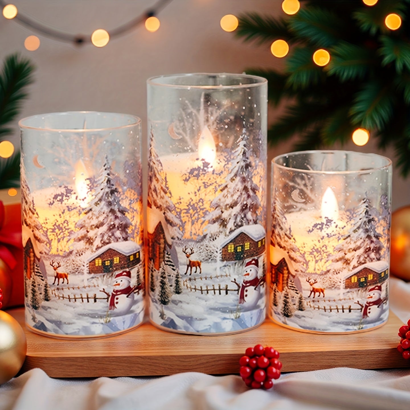 Flameless LED Pillar Candles With Snow Scene Snowman Pattern Decor