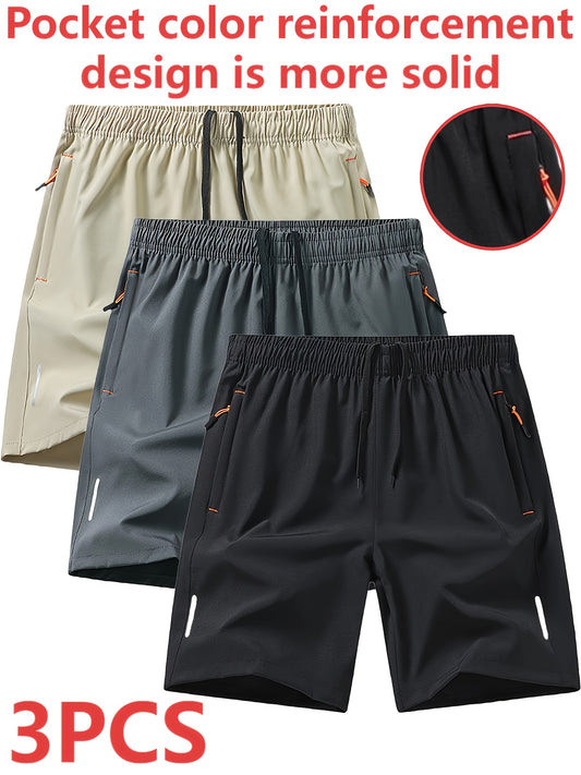 3pcs Men'S Stylish Athletic Shorts, Black Drawstring Design, Zippered Pockets, Ideal For Summer Training And Outdoor Activities, Plus Size Shorts - Revitalize Mind Body