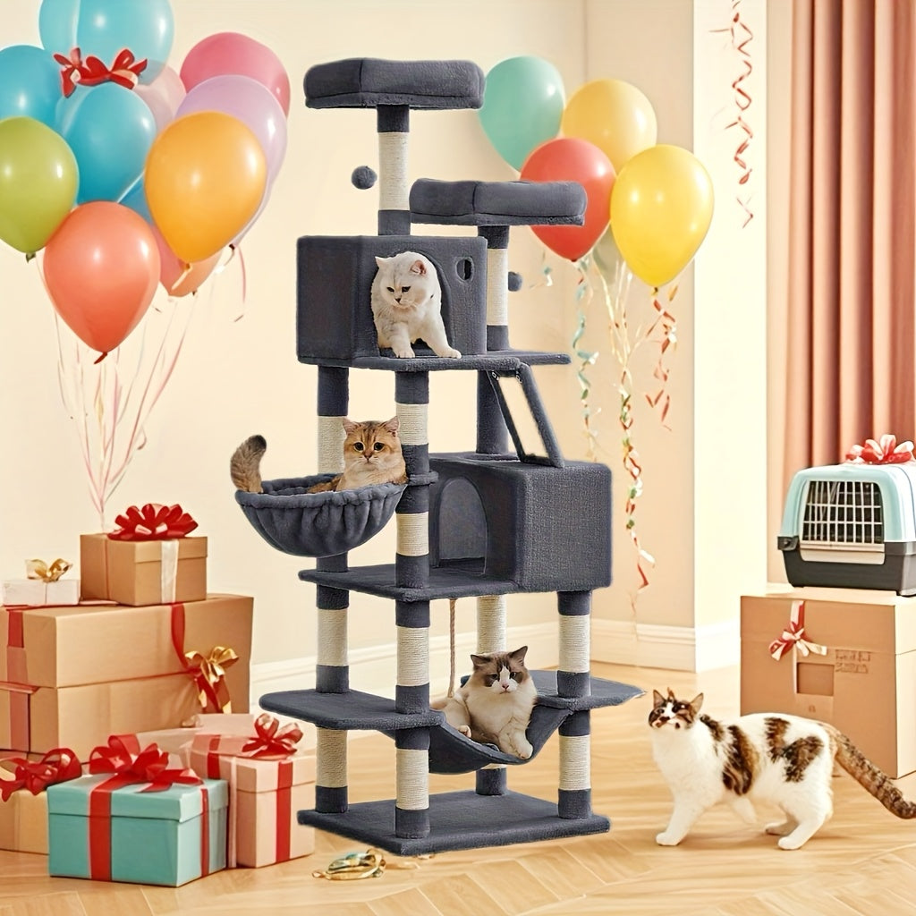 66.1/44.1in Cat Tree, Large Cat Tower with 13 Scratching Posts, 2 Perches, 2 Caves, Hanging Basket & Hammock, Pompoms, Stable Kitty Play House, Multi-Level Plush Cat Condo for Indoor Cat, Easy to Assemble, Perfect Children's - Revitalize Mind Body