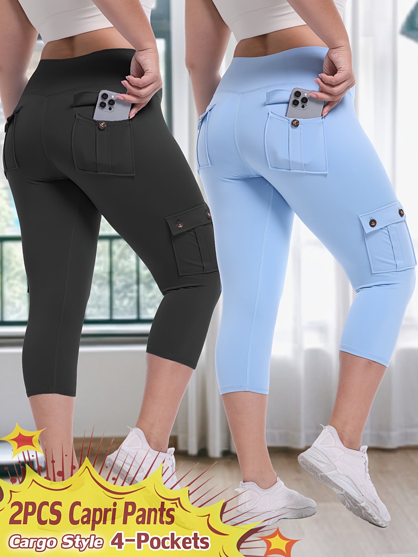 JEGGE High Waist Yoga Capri Pants Set with Pockets Active