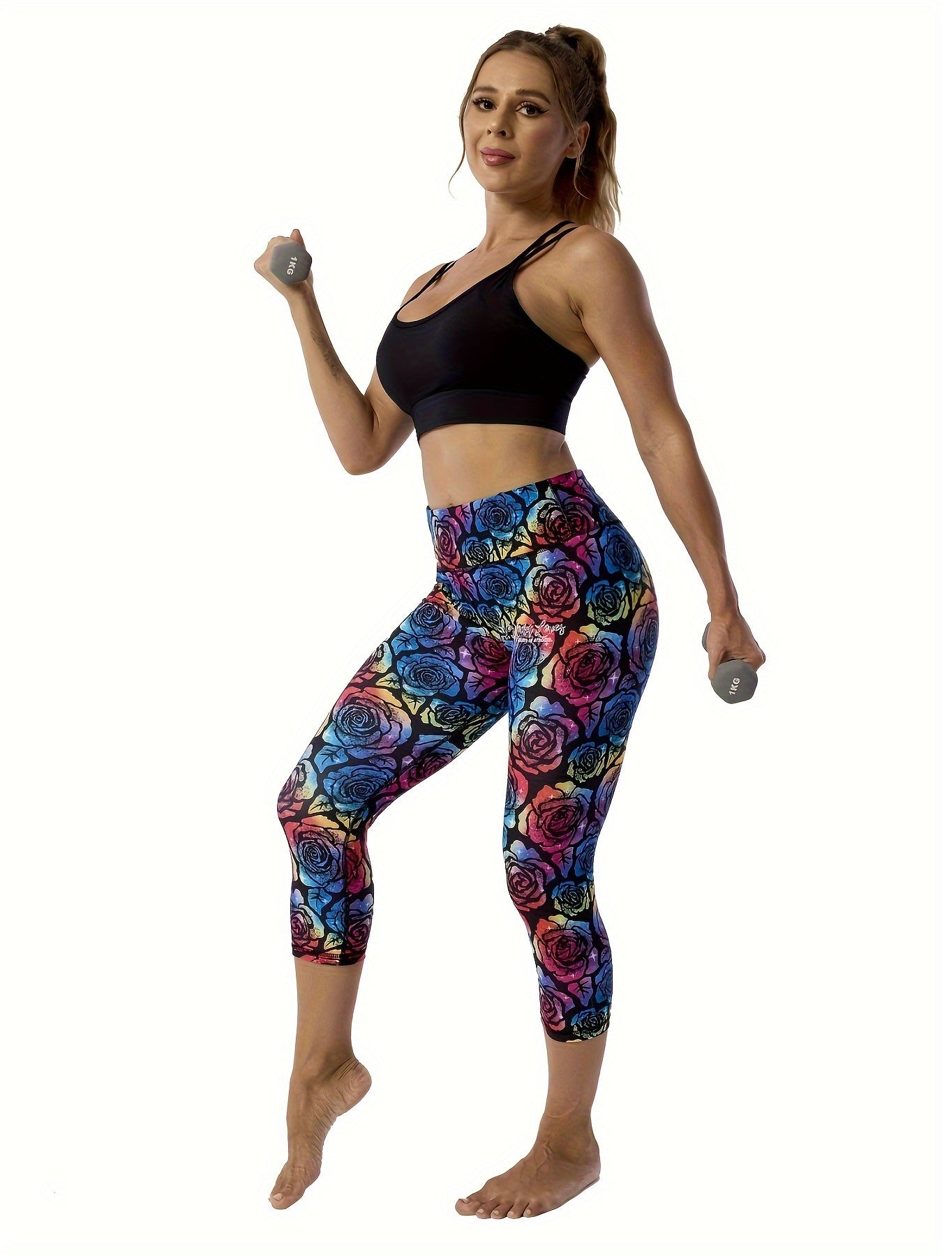 Floral Print Plus Size Capri Yoga Pants With Tummy Control - Revitalize Mind Body
