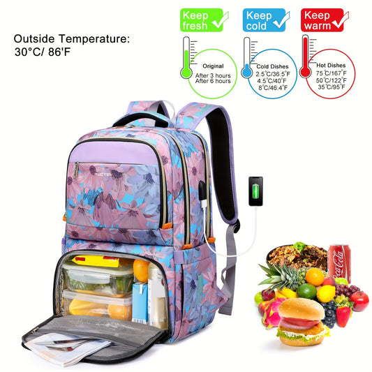 RUCYEN Lunch Backpack, Insulated Cooler Backpack for Women Laptop Backpack with USB Port, 15.6 Inch Laptop Waterproof Backpack Food Bag for Work Beach Camping Picnics Hiking Travel Pink Flower - Revitalize Mind Body