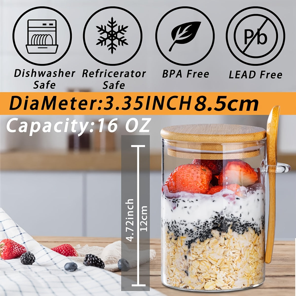 Overnight Oatmeal Glass Jar With Lid Meal Prep Container - Revitalize Mind Body