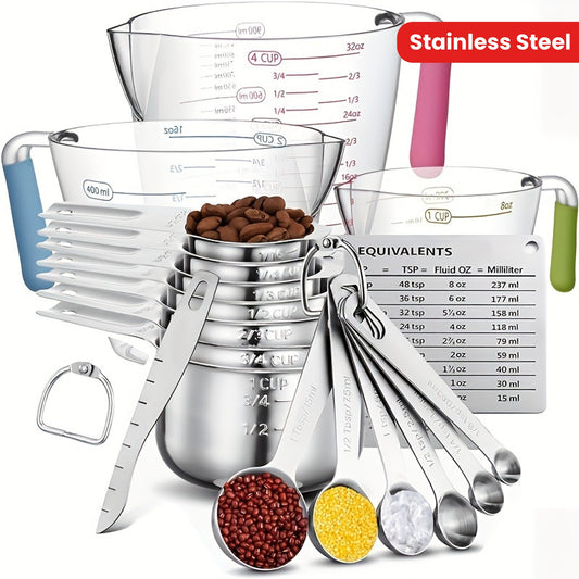 20pcs/set, Measuring Cups And Spoons Set, Stainless Steel Measuring Cups And Spoons Set, Including Stackable Measuring Cup And Measuring Spoons, 1 Leveler For Dry And Liquid Ingredients, Baking Tools, Kitchen Stuff - Revitalize Mind Body
