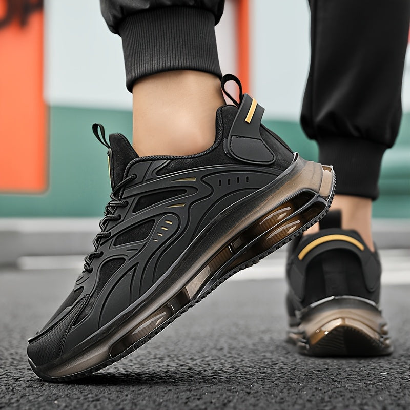 RLS Men's Low-Top Road Running Shoes - Breathable Mesh & Durable Rubber Sole, Fashion Black with Golden Accents, Secure Lace-Up Closure for All-Season Comfort, Sports & Casual Wear, Sleek Shoe Design, Flexible Interior Lining - Revitalize Mind Body
