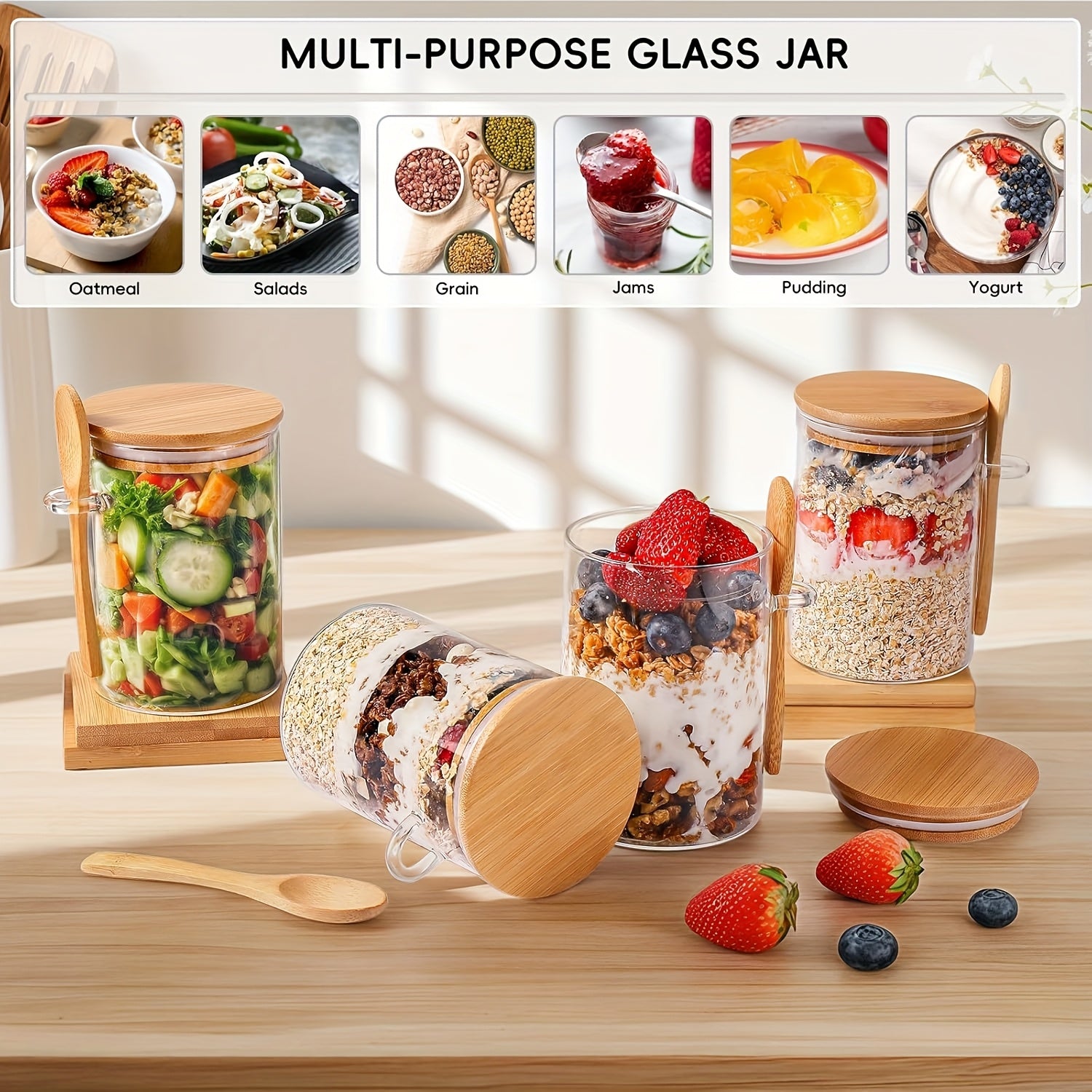 8pcs Overnight Oats Container with Scoop (4 Jars + 4 Scoops), Sealed Salad Jars, Ice Cream Cups, Canned Fruit Storage, Outdoor Bento Boxes, Breakfast Prep Containers - Revitalize Mind Body