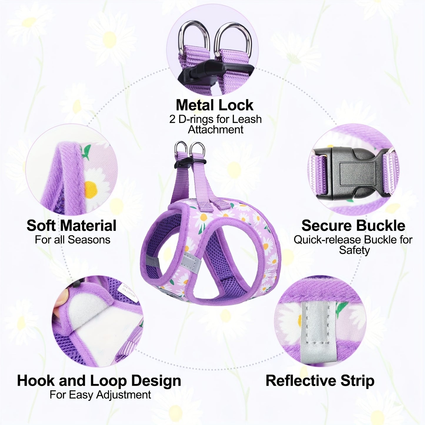 Floral Pattern Reflective Dog Harness And Leash Set