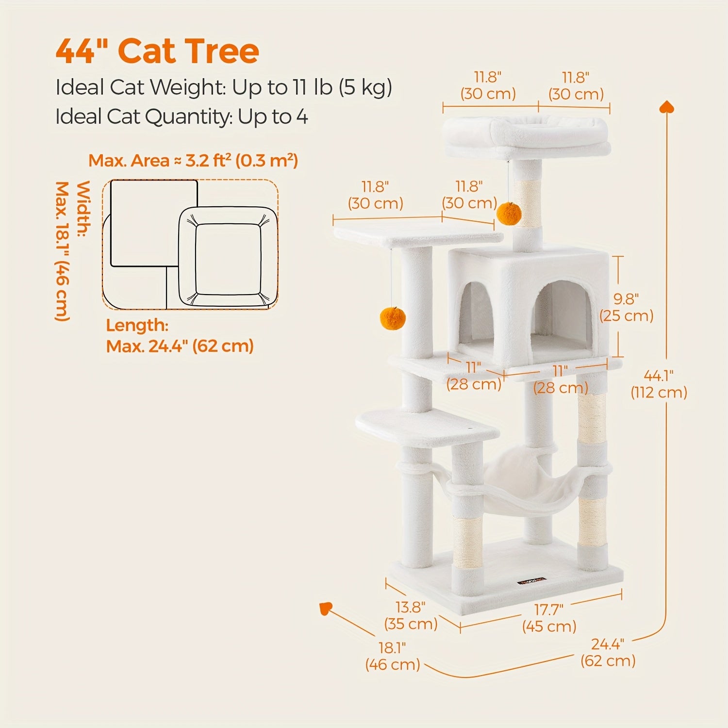 66.1/44.1in Cat Tree, Large Cat Tower with 13 Scratching Posts, 2 Perches, 2 Caves, Hanging Basket & Hammock, Pompoms, Stable Kitty Play House, Multi-Level Plush Cat Condo for Indoor Cat, Easy to Assemble, Perfect Children's - Revitalize Mind Body