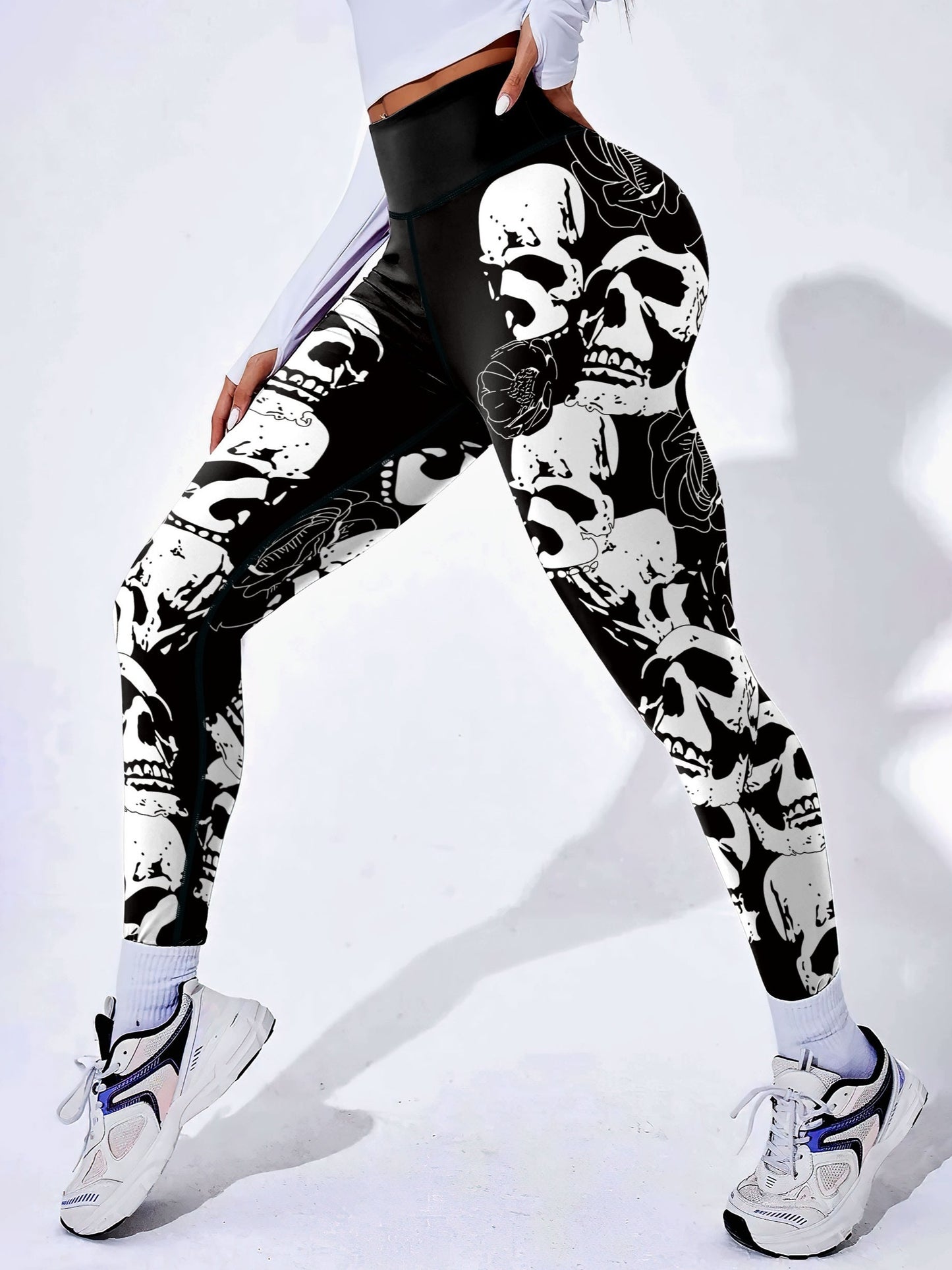 Halloween Skull Floral Print High Waist Yoga Leggings