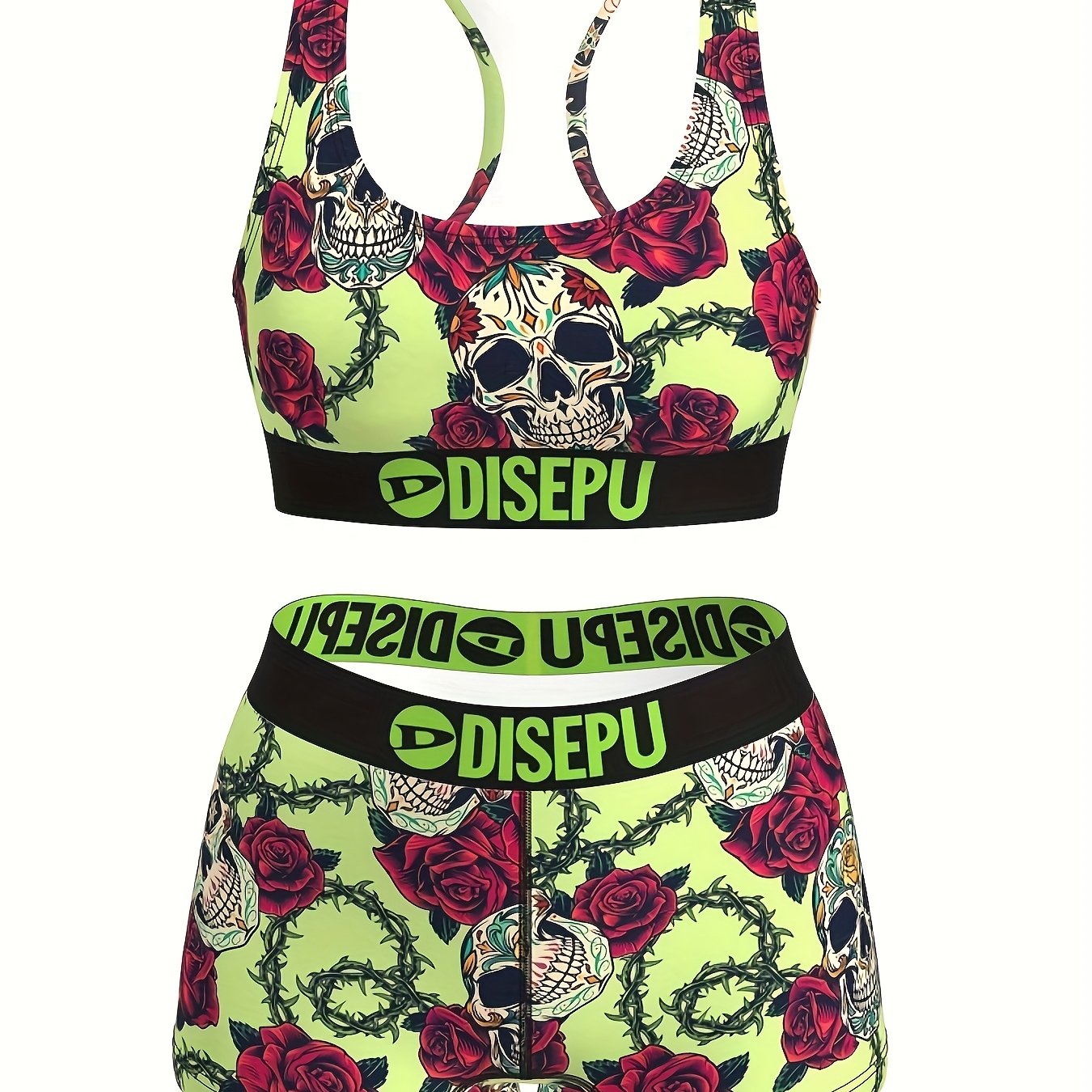 Skull and Rose Print Sports Bra and Shorts Set Women - Revitalize Mind Body