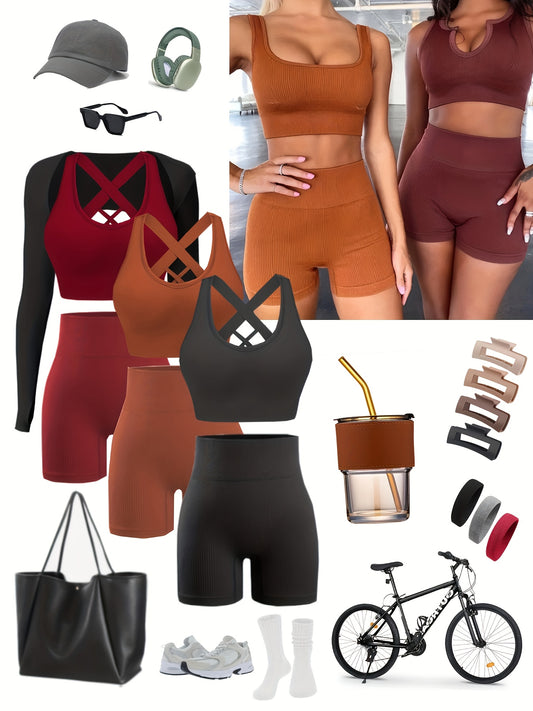 Women's 3 Piece Yoga Ribbed Seamless High Waist Set