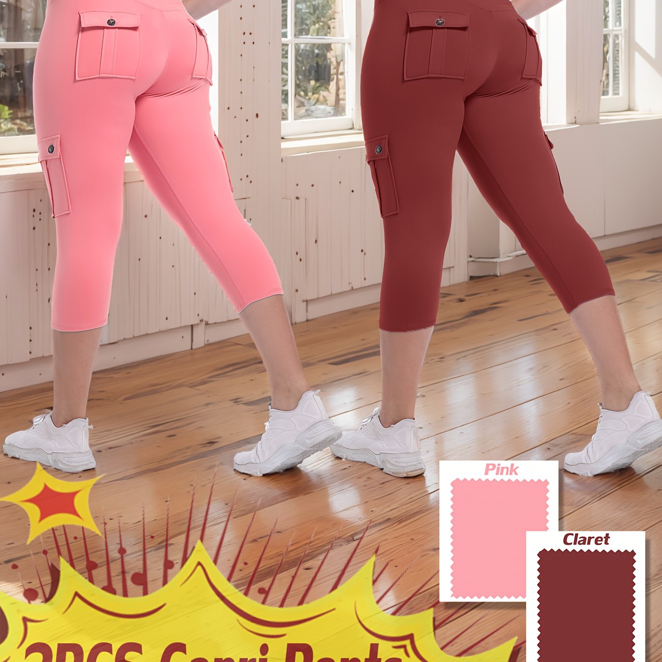 JEGGE High Waist Yoga Capri Pants Set with Pockets Active