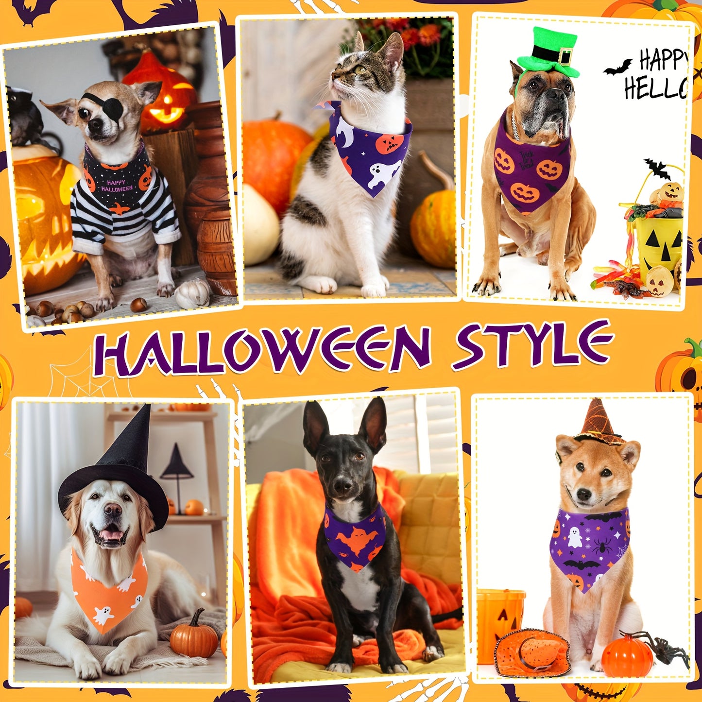 CHUANGDIB Halloween Dog Bandanas Set Spooky Pumpkin Bat