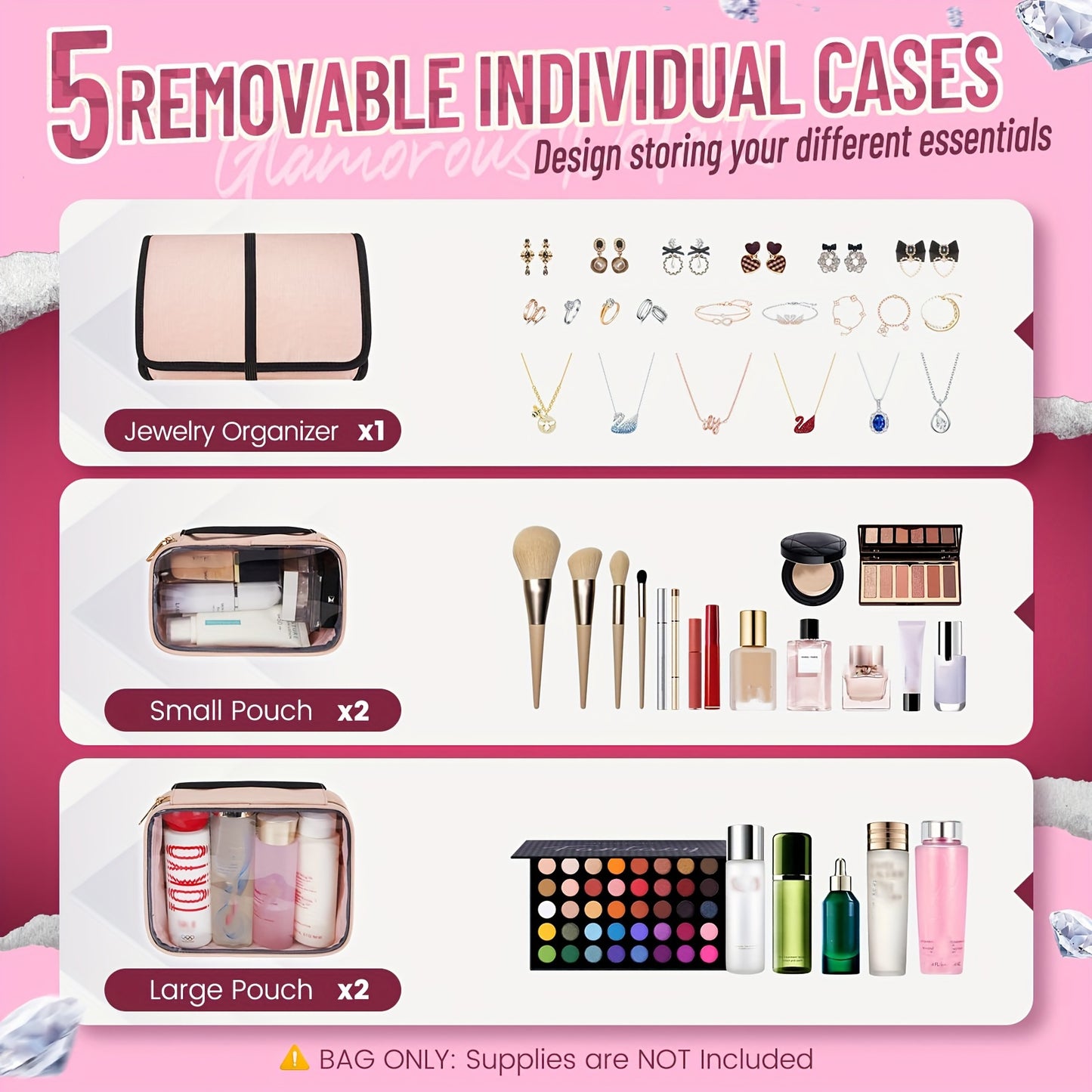 Travel Makeup Organizer With 4 Removable Cases And Jewelry Roll