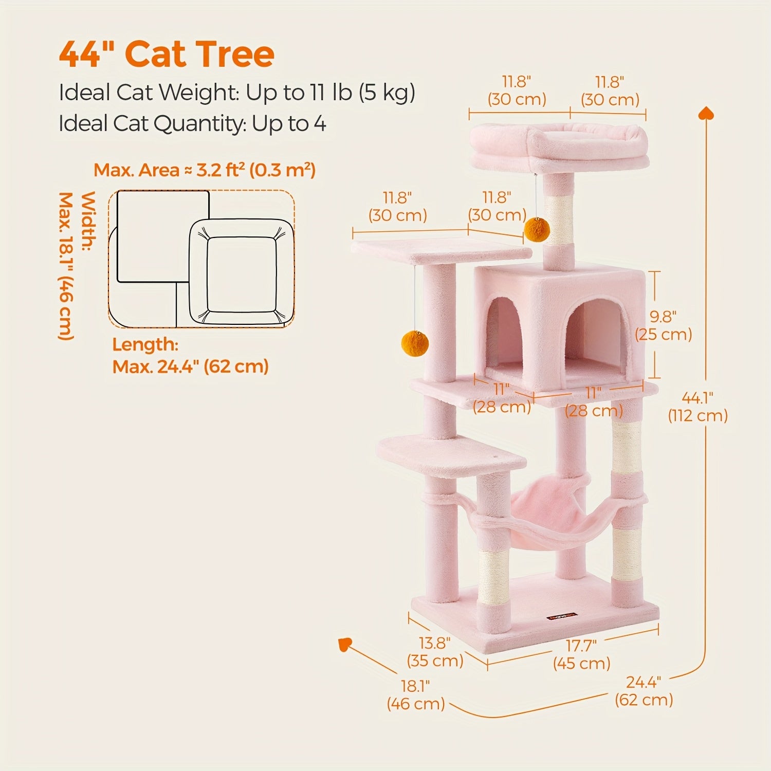 66.1/44.1in Cat Tree, Large Cat Tower with 13 Scratching Posts, 2 Perches, 2 Caves, Hanging Basket & Hammock, Pompoms, Stable Kitty Play House, Multi-Level Plush Cat Condo for Indoor Cat, Easy to Assemble, Perfect Children's - Revitalize Mind Body