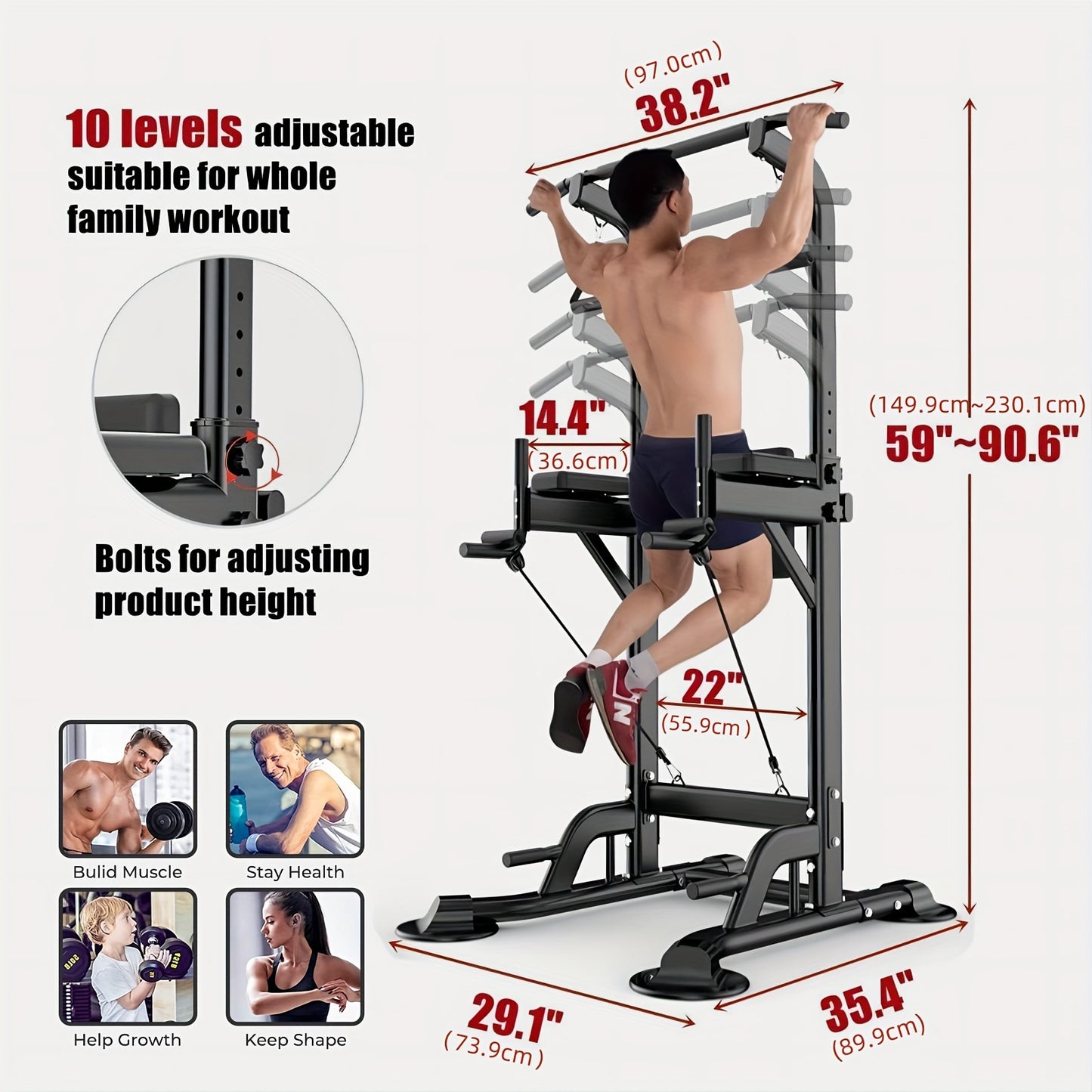 [Power Tower] Adjustable Power Tower | Pull Up Bar Stand Dip Station Workout Equipment Multi-Function Strength Training Exercise Equipment for Men Women Home Gym 330LBS - Revitalize Mind Body