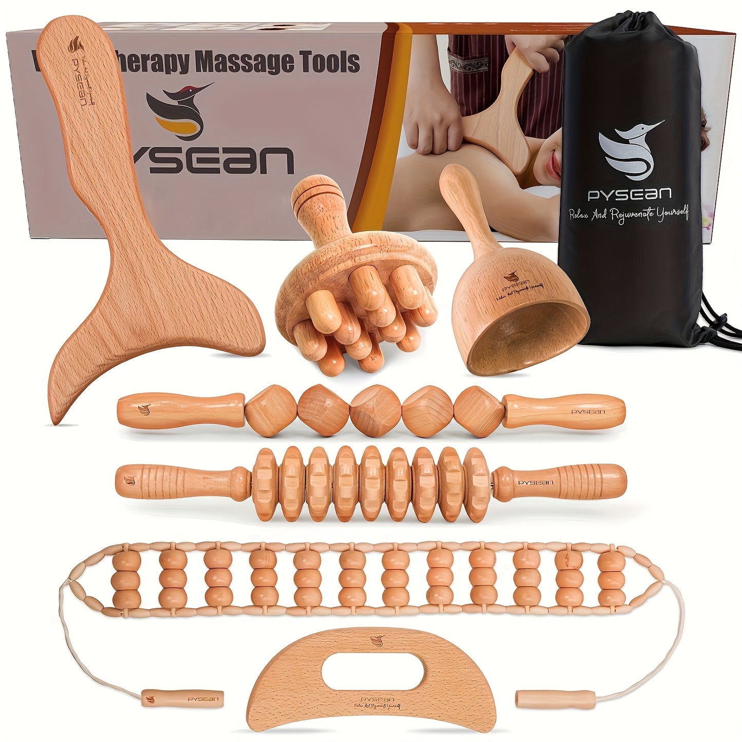 Revitalize Mind Body Pysean 7in1 Wooden Massage Tool Set