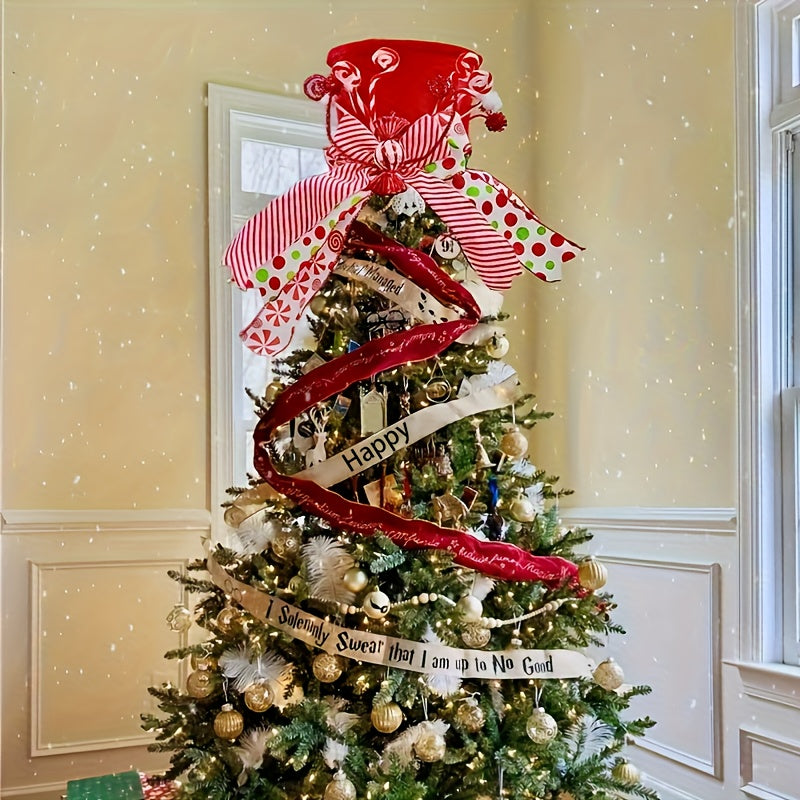 Polyester Christmas Tree Top Hat Decoration With Candy Stick Ribbon