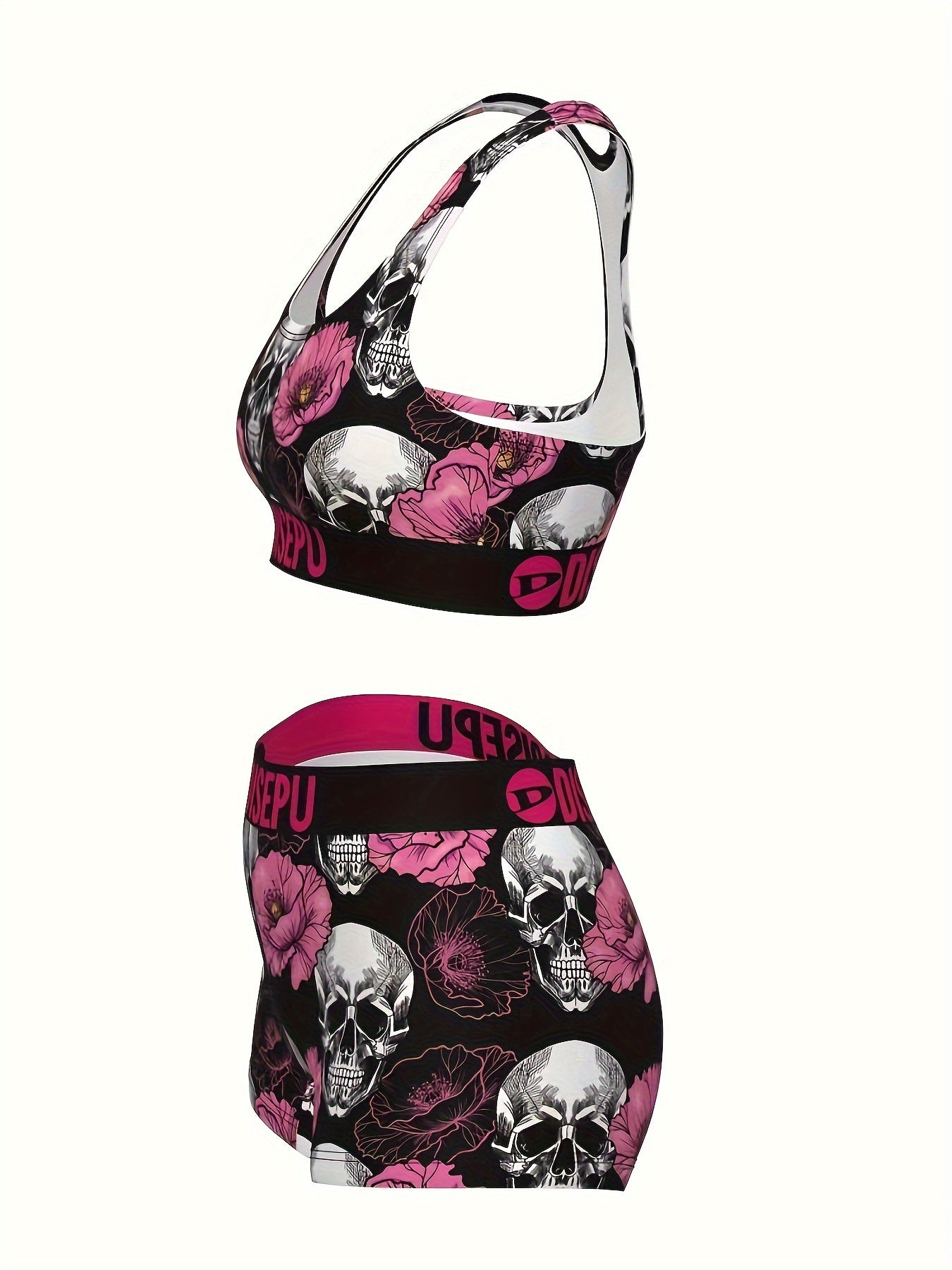 Gothic Floral Skull Print Sports Bra And Shorts Set - Revitalize Mind Body