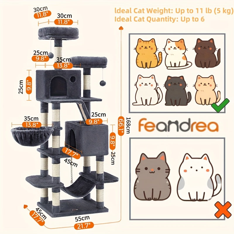 66.1/44.1in Cat Tree, Large Cat Tower with 13 Scratching Posts, 2 Perches, 2 Caves, Hanging Basket & Hammock, Pompoms, Stable Kitty Play House, Multi-Level Plush Cat Condo for Indoor Cat, Easy to Assemble, Perfect Children's - Revitalize Mind Body