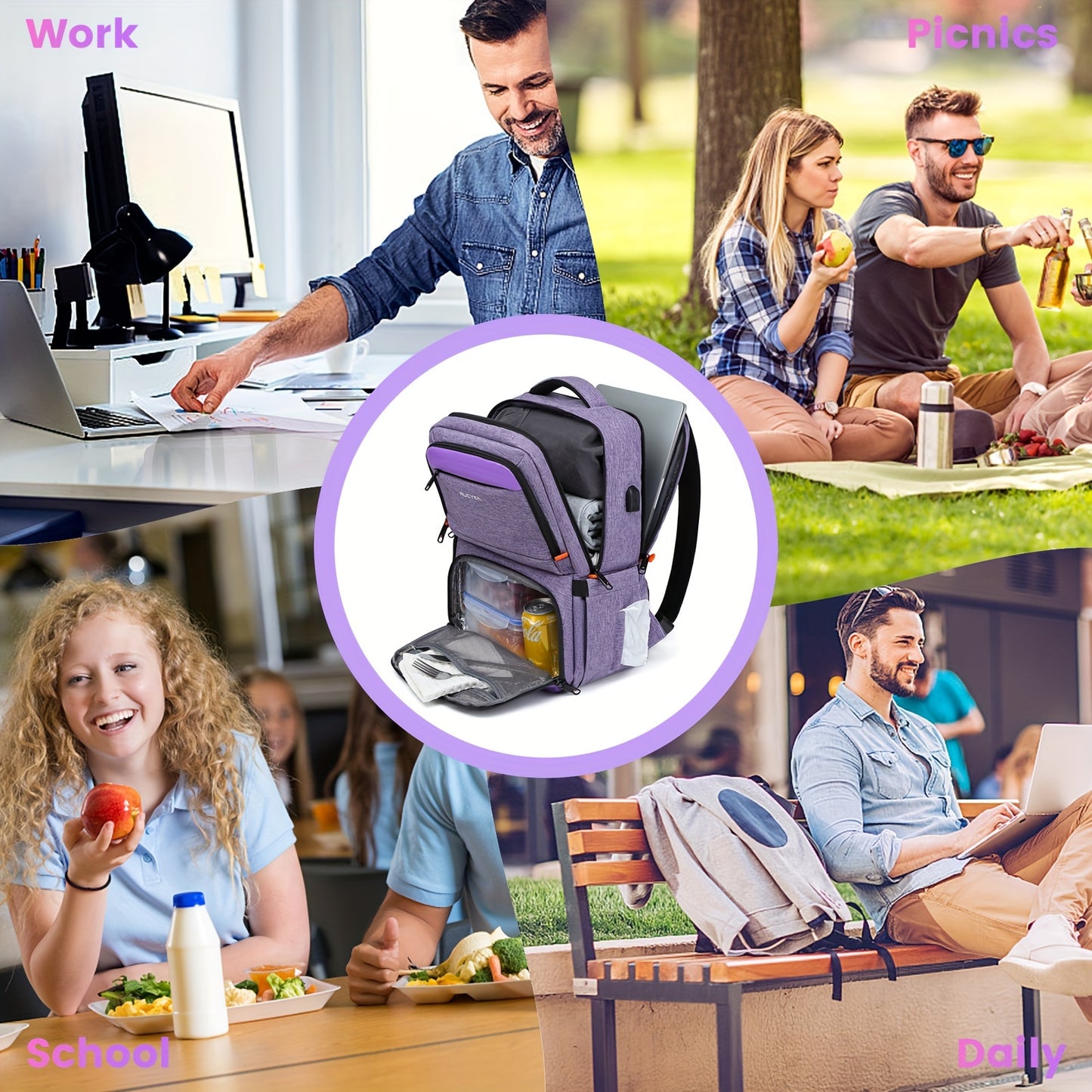 15.6 Inches RFID Blocking Laptop RUCYEN Backpack - Insulated Cooler Lunch Box with USB Port for Men Women - Work Travel Picnics Hiking - Revitalize Mind Body