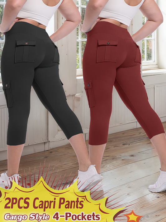 JEGGE High Waist Yoga Capri Pants Set with Pockets Active