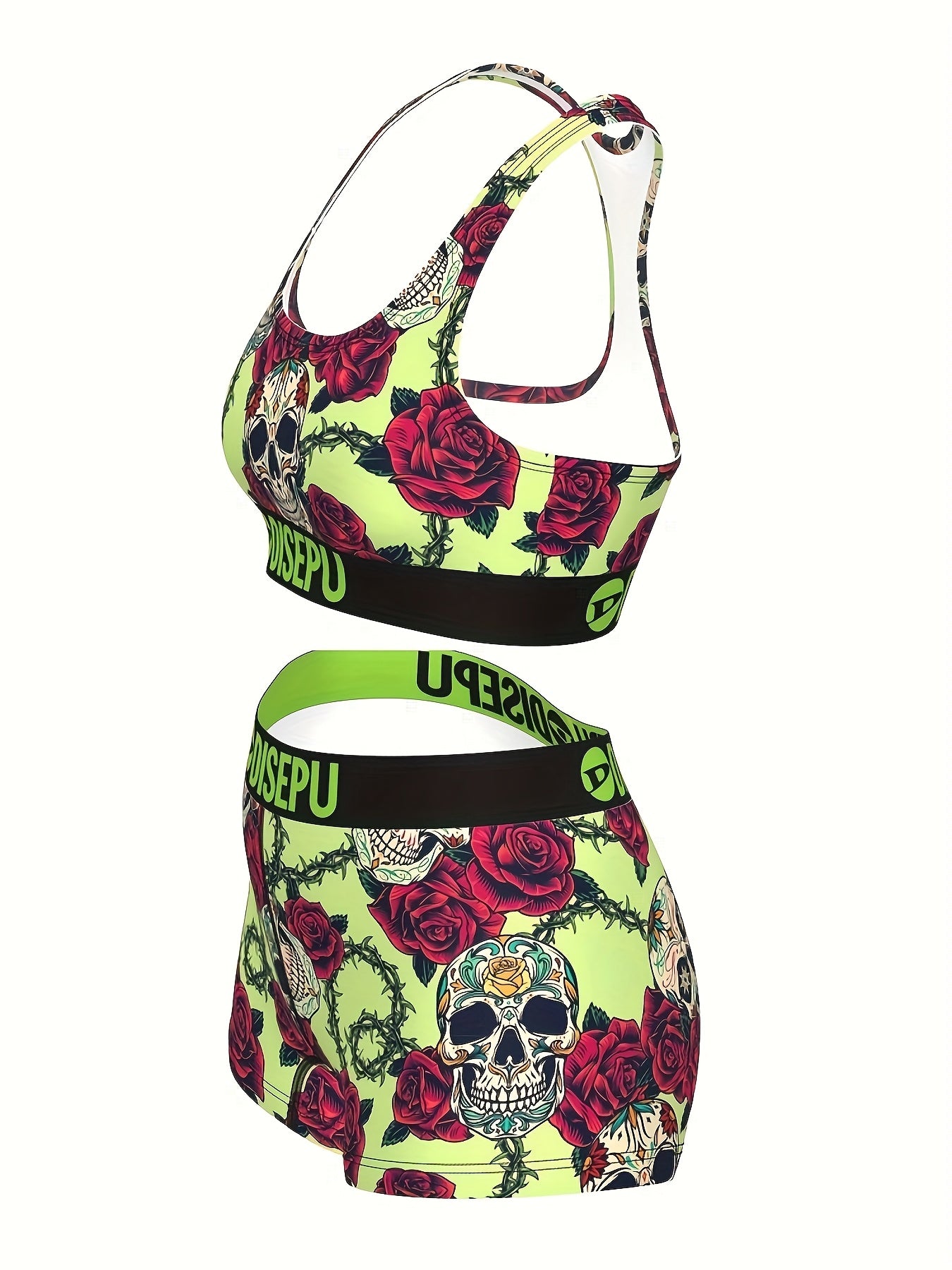 Skull and Rose Print Sports Bra and Shorts Set Women - Revitalize Mind Body