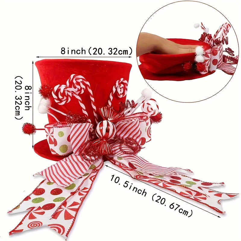 Polyester Christmas Tree Top Hat Decoration With Candy Stick Ribbon