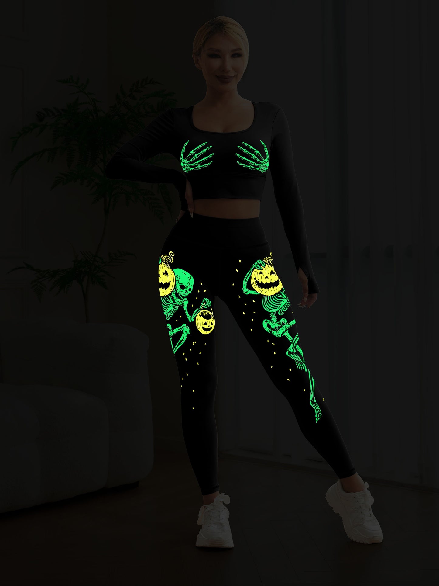 Women's Halloween Glow In Dark Skeleton Pumpkin Yoga Set