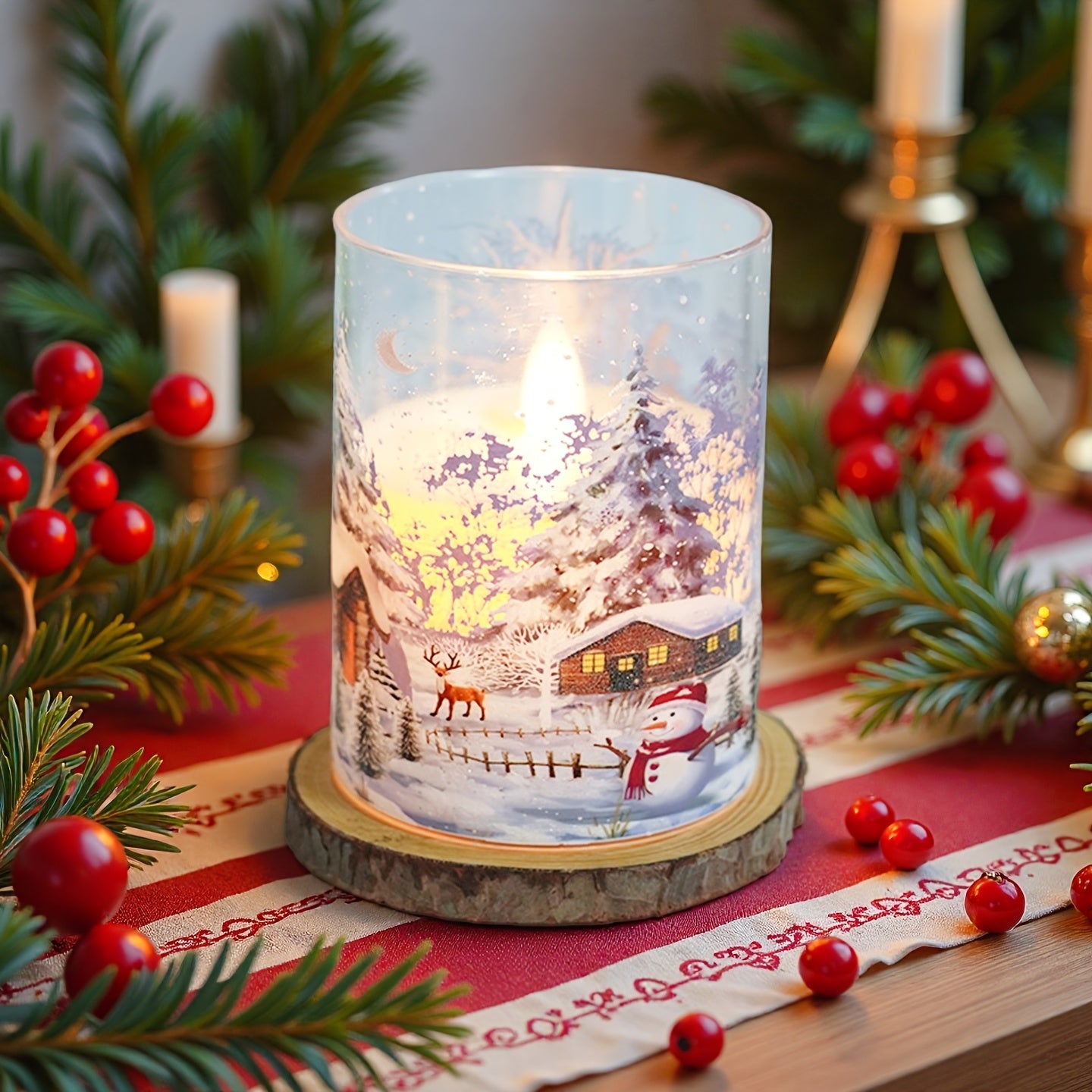 Flameless LED Pillar Candles With Snow Scene Snowman Pattern Decor