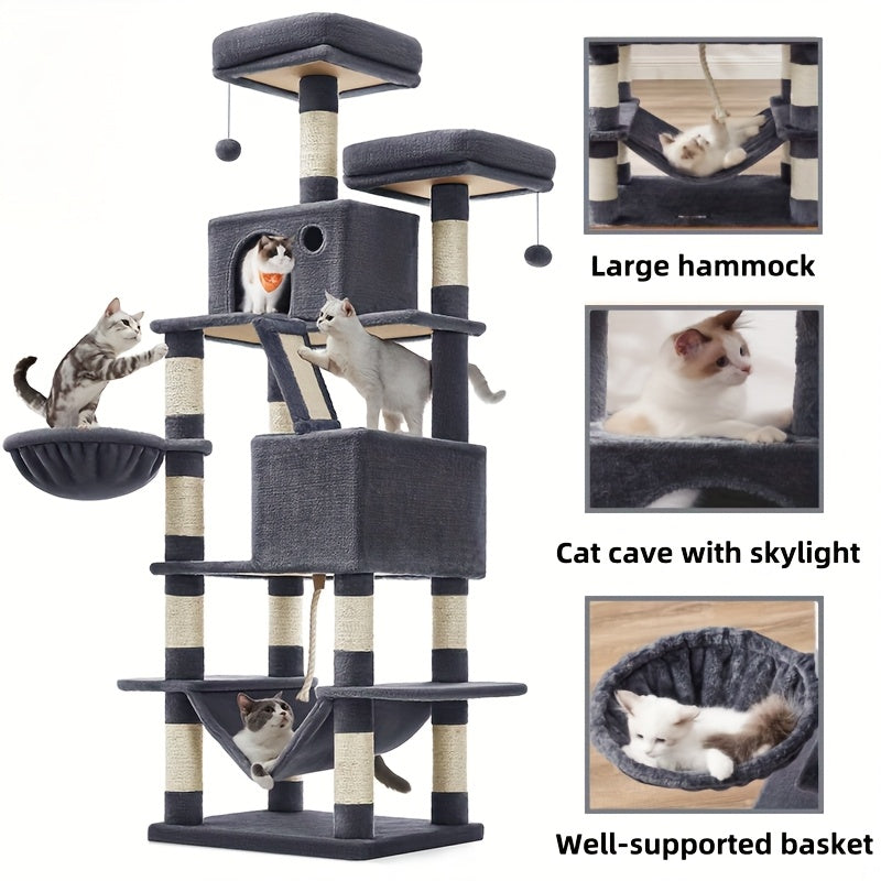 66.1/44.1in Cat Tree, Large Cat Tower with 13 Scratching Posts, 2 Perches, 2 Caves, Hanging Basket & Hammock, Pompoms, Stable Kitty Play House, Multi-Level Plush Cat Condo for Indoor Cat, Easy to Assemble, Perfect Children's - Revitalize Mind Body