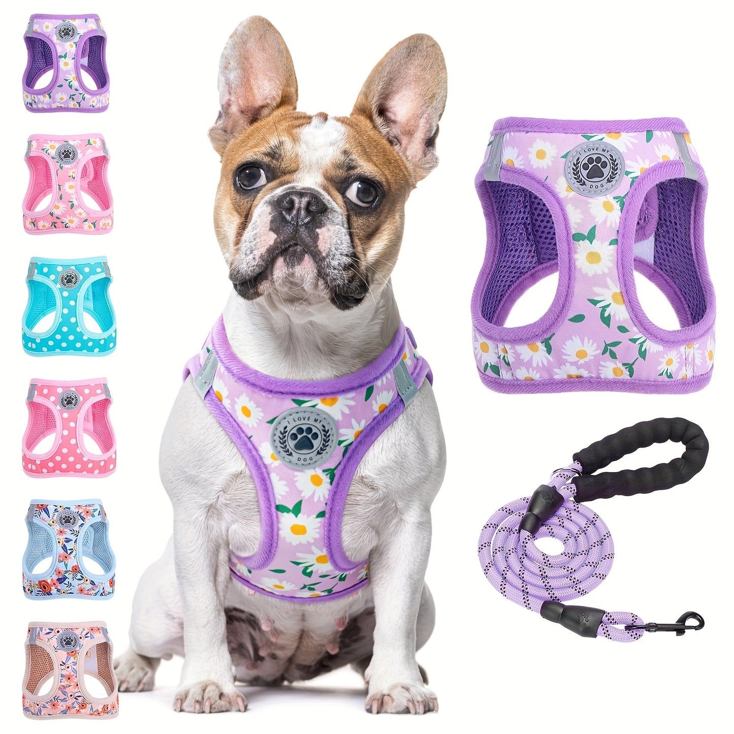 Floral Pattern Reflective Dog Harness And Leash Set