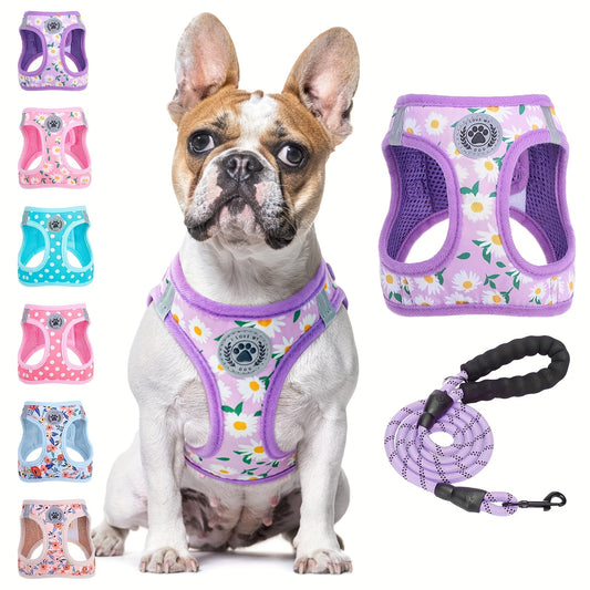 Floral Pattern Reflective Dog Harness And Leash Set