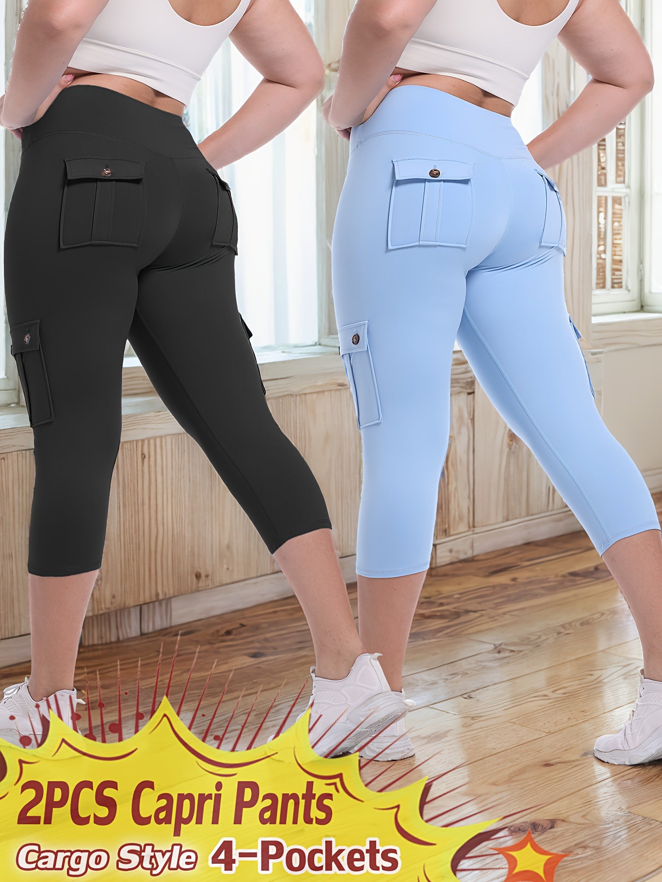 JEGGE High Waist Yoga Capri Pants Set with Pockets Active