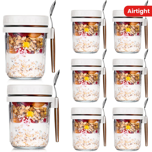 8pcs 10oz Large Capacity Airtight Overnight Oats Containers with Lids & Wooden Spoons - Reusable, Clear Round Jars with Measurement Marks for Healthy Breakfast Prep - Revitalize Mind Body