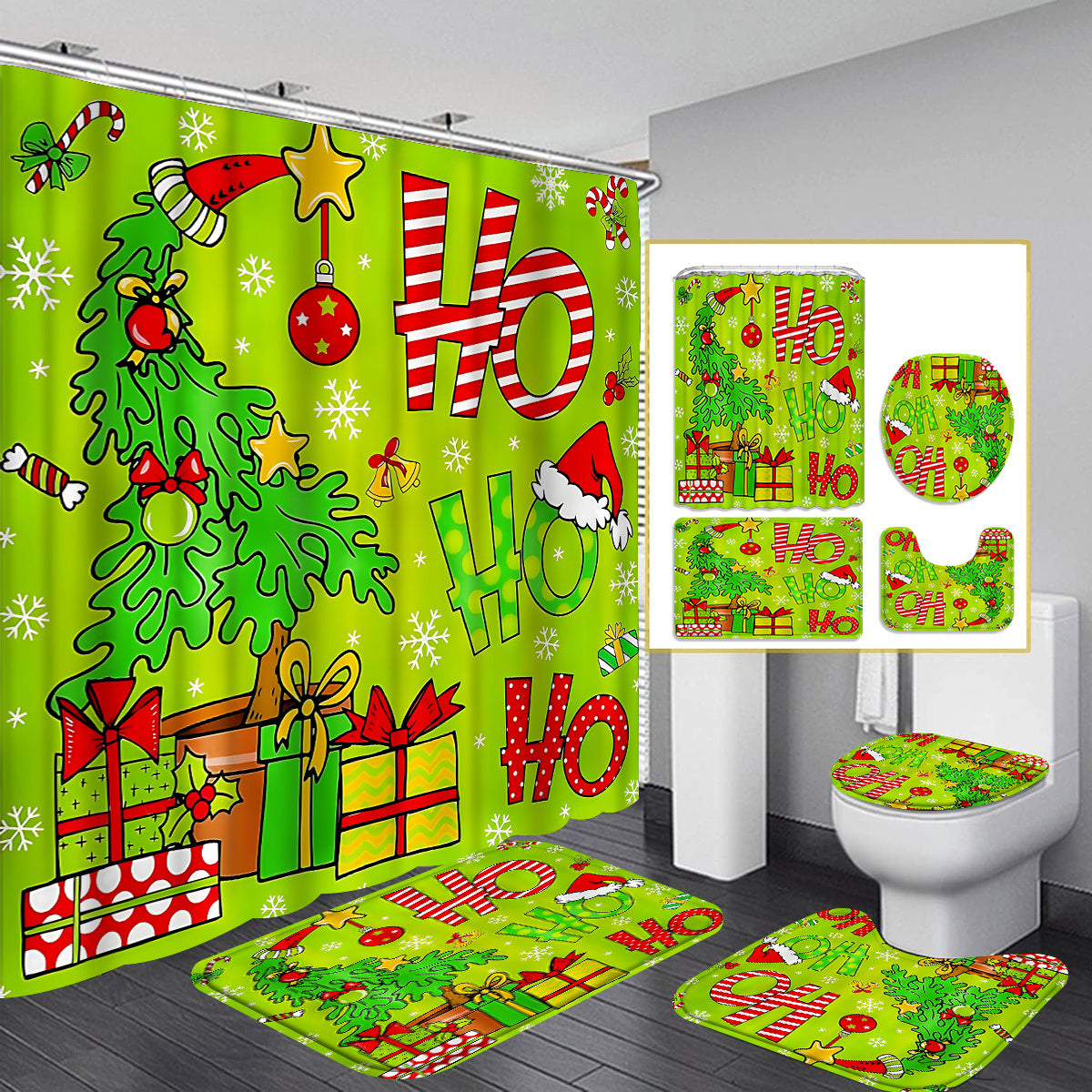 Christmas Tree Shower Curtain Set With 12 Hooks For Bathroom