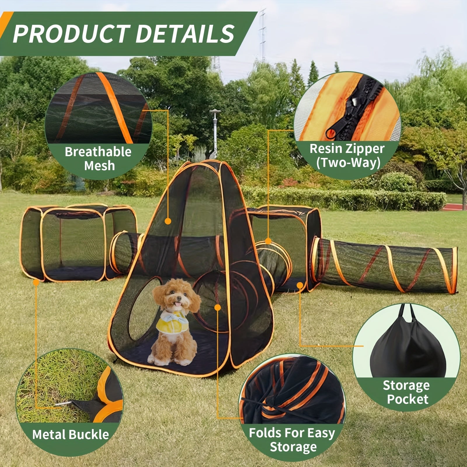 6-in-1 Foldable Pet Playpen - Interactive Design, Black/Orange, for Cats & Dogs, Outdoor/Indoor Use, Tunnel & Tent - Revitalize Mind Body