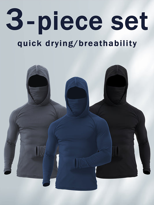 Moisture-Wicking Hooded Long-Sleeve Sportswear With Face Mask Set Of 3