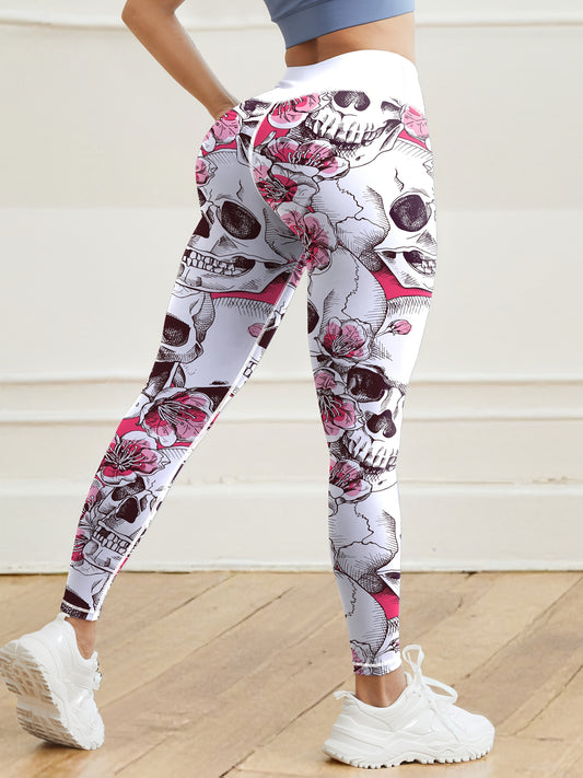 Halloween Skull Floral Print High Waist Yoga Leggings
