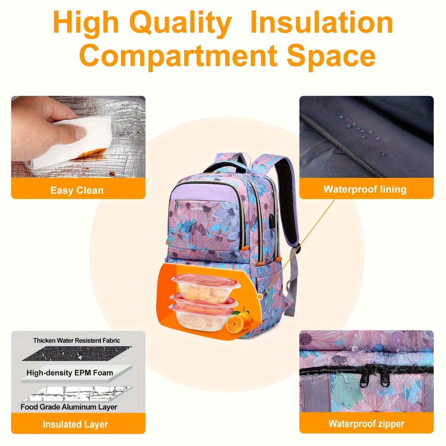 RUCYEN Lunch Backpack, Insulated Cooler Backpack for Women Laptop Backpack with USB Port, 15.6 Inch Laptop Waterproof Backpack Food Bag for Work Beach Camping Picnics Hiking Travel Pink Flower - Revitalize Mind Body