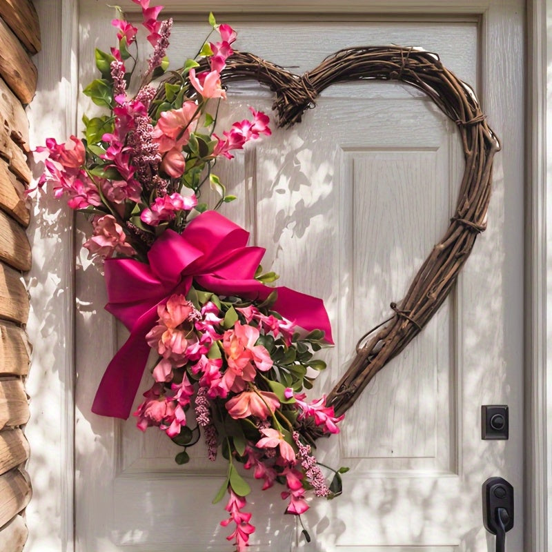 Heart Shaped Floral Wreath Farmhouse Door Decor With Glossy Bow