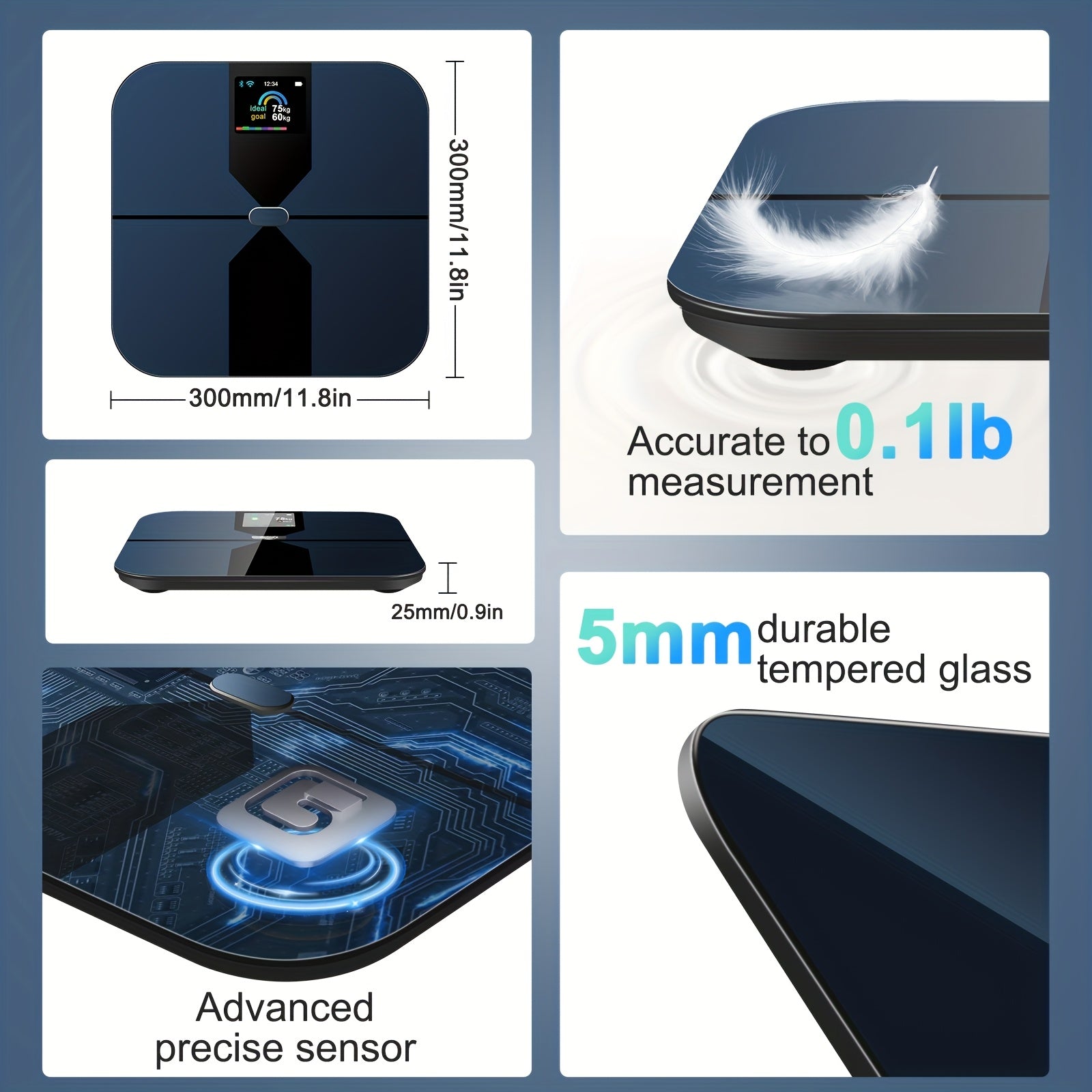 [1pc Smart Scale] 1pc Smart Scale | 11.8*11.8in Color Large Display Bathroom Scale with BMI Weighing, Body Composition Monitoring, 400LB Load Capacity, Thickened ITO Glass, Smartphone Apps - Revitalize Mind Body